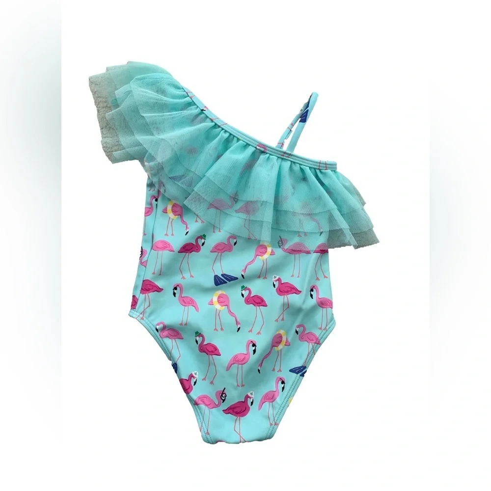 Janie and Jack Size 2T Flamingo Ruffle Tulle Shoulder One Piece Swimsuit